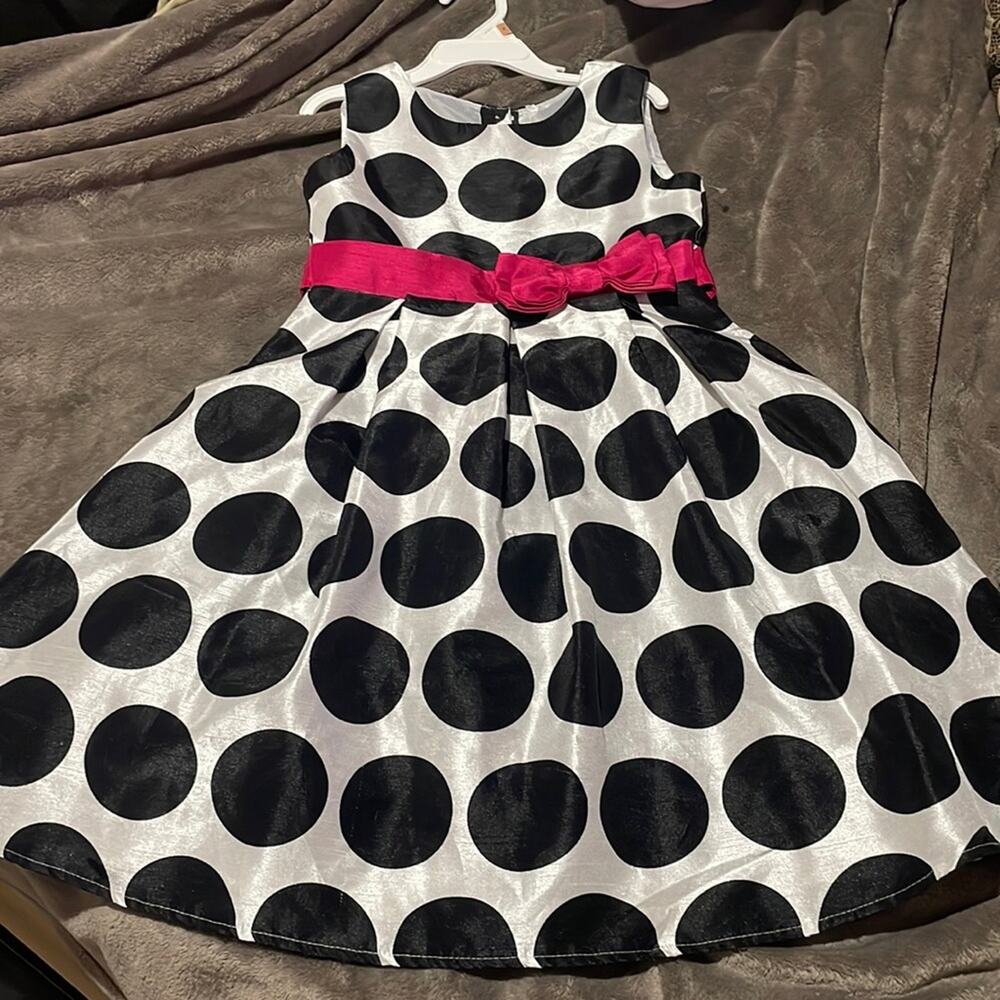 Cherokee 7 white black polka dot hot pink accent waist tie lined sleeveless euc